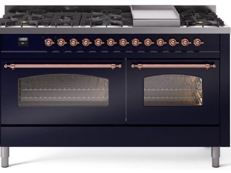 Nostalgie II 60 Inch Dual Fuel Liquid Propane Freestanding Range in Blue with Copper Trim Sale