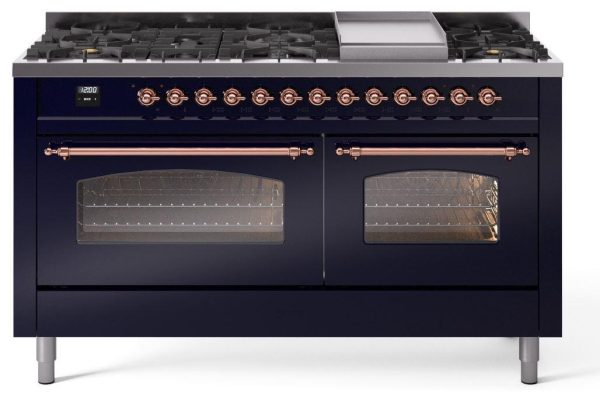 Nostalgie II 60 Inch Dual Fuel Liquid Propane Freestanding Range in Blue with Copper Trim Sale