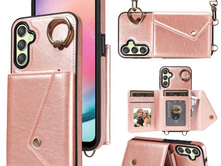 002 For Samsung Galaxy A24 4G   A25 5G Card Bag Ring Kickstand Shockproof Cover Litchi Texture Leather Coated TPU Phone Case with Shoulder Strap Online Sale