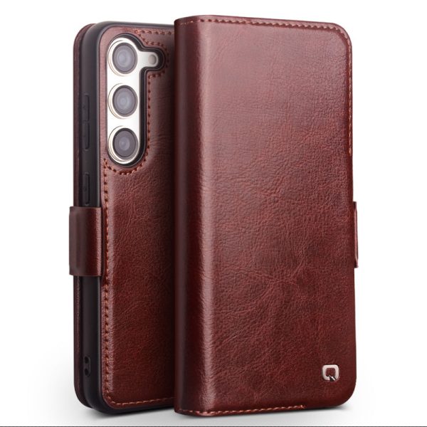 QIALINO For Samsung Galaxy S22 5G Anti-Gravity Genuine Cow Leather Flip Phone Case Wallet Stand Cover on Sale