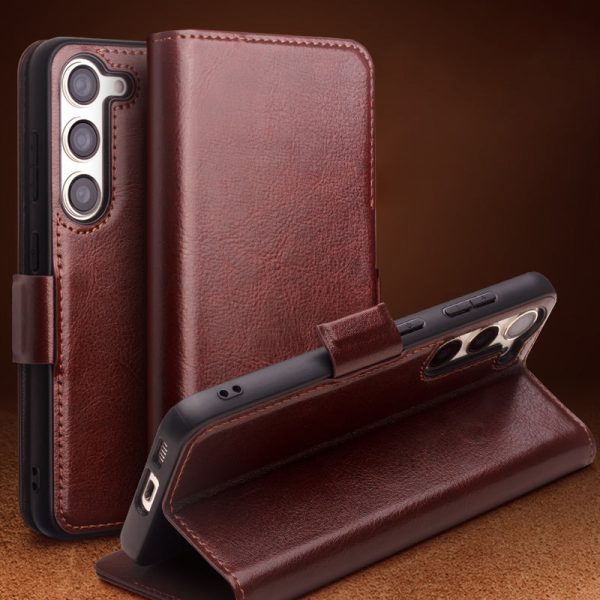 QIALINO For Samsung Galaxy S22 5G Anti-Gravity Genuine Cow Leather Flip Phone Case Wallet Stand Cover on Sale