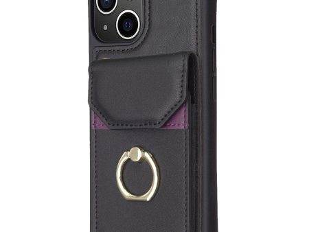 For iPhone 15 PU Leather Coated TPU Phone Case Ring Kickstand Back Cover with Card Bag Hot on Sale