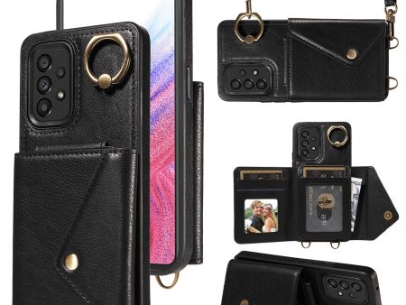 002 For Samsung Galaxy A53 5G Card Bag Cover Ring Kickstand Litchi Texture Leather+TPU Phone Case with Shoulder Strap For Discount