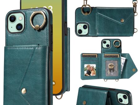 002 For iPhone 15 Plus Card Bag Design Ring Kickstand Cellphone Cover Litchi Texture Leather+TPU Back Protector Case with Shoulder Strap Online Hot Sale