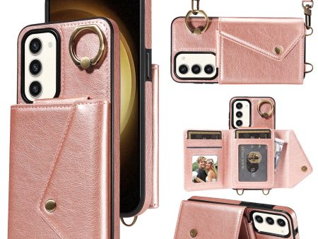 002 For Samsung Galaxy S23+ Card Bag Design Ring Kickstand Cellphone Cover Litchi Texture Leather+TPU Phone Case with Shoulder Strap For Discount