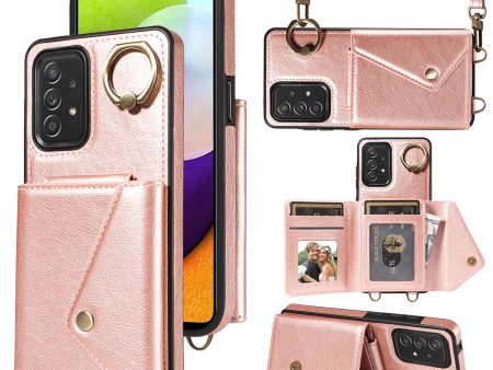 002 For Samsung Galaxy A52 4G   A52 5G   A52s 5G Card Bag Ring Kickstand Anti-drop Cover Litchi Texture Leather Coated TPU Phone Case with Shoulder Strap For Sale