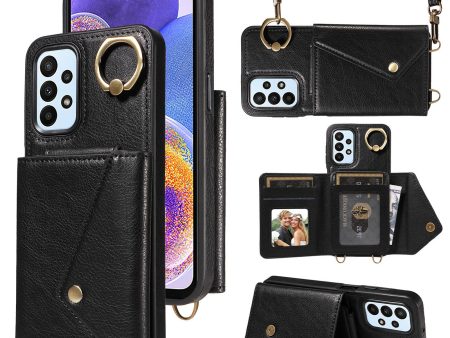 002 For Samsung Galaxy A23 4G   A23 5G (Global Version) Back Cover Card Bag Ring Kickstand Litchi Texture Leather Coated TPU Phone Case with Shoulder Strap For Sale